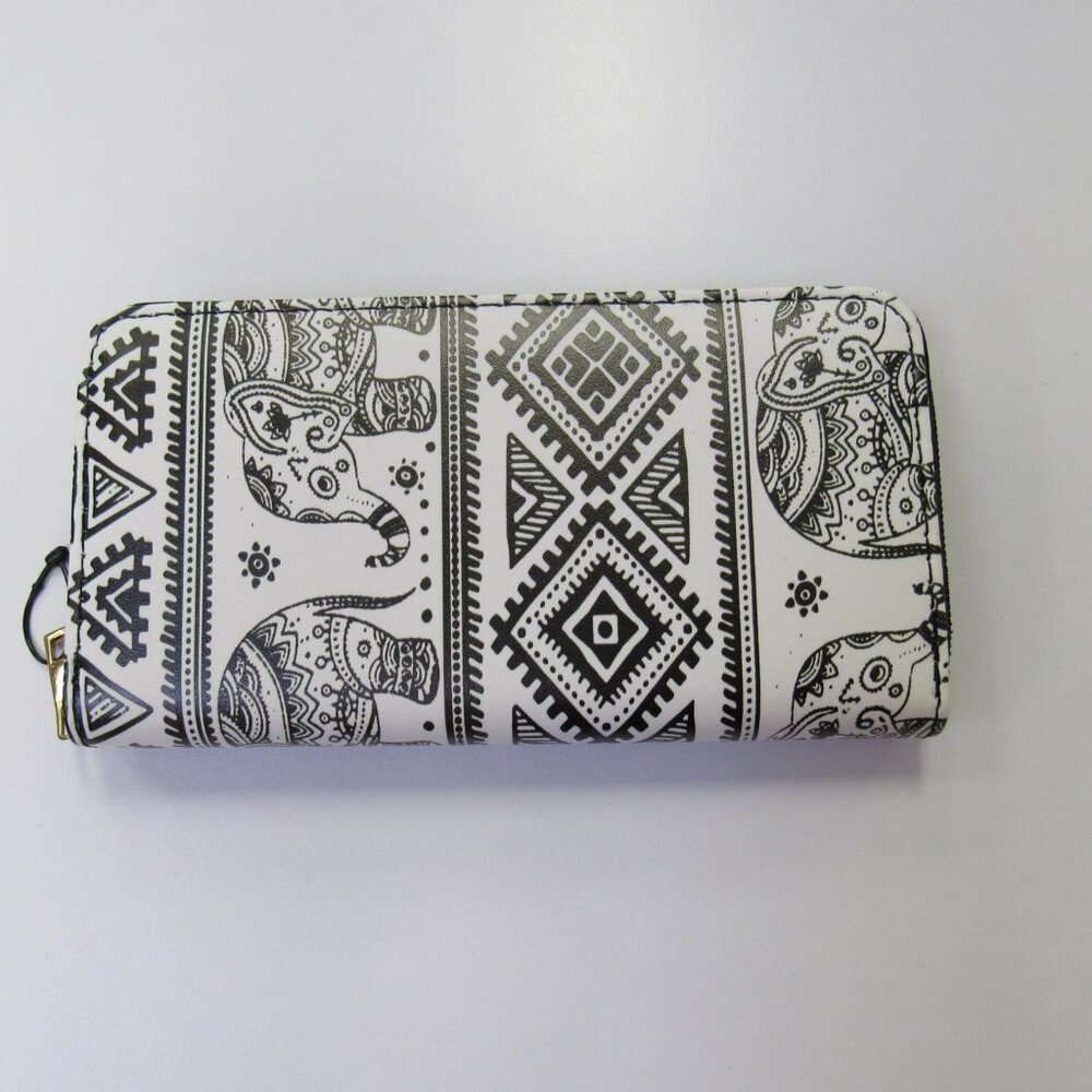 Black & White Elephant Print Ladies Zippered Long Wallet Vegan Leather NEW  You - Picture 3 of 4